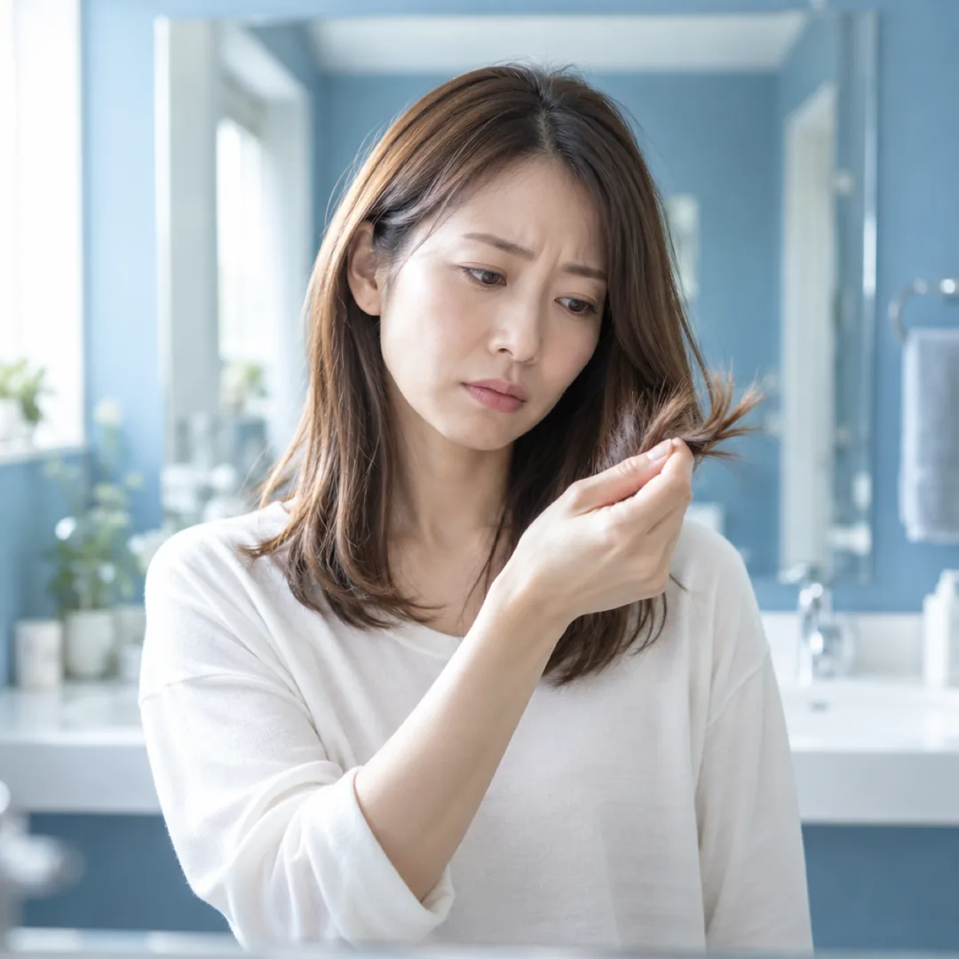 毛先を気にする女性